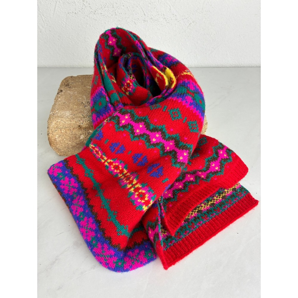 Crewcuts Red Fair Isle Wool Scarf - OS - Multicolor Knit Winter Boho F8594